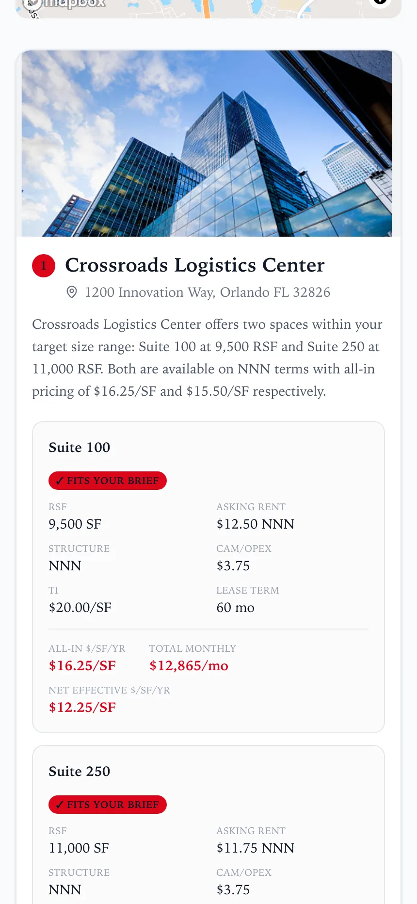 Client view of Crossroads Logistics Center Suite 100: 9,500 SF, $12.50 NNN, $16.25/SF all-in, $12,865 per month